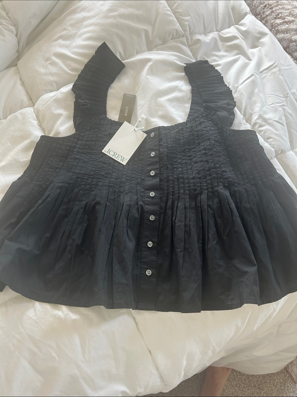 J. Crew Black Smocked Ruffle-Shoulder Button Front Top